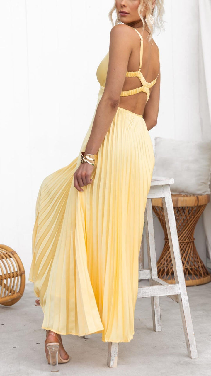 Aby - Vestido largo plisado amarillo con escote en V