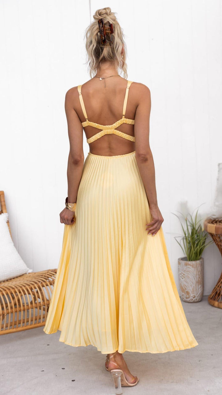 Aby - Vestido largo plisado amarillo con escote en V